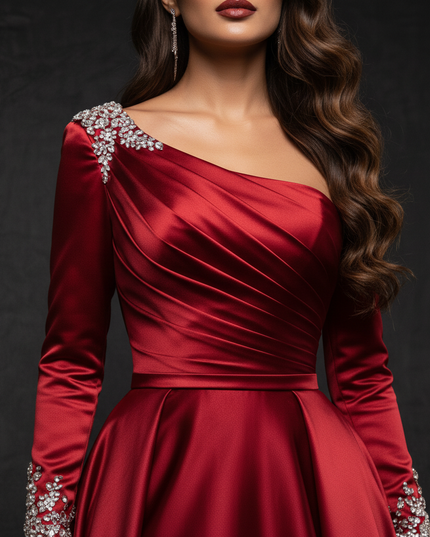 Satin Kleid Red - Satin Abendkleid Ball Bordeaux - Off-Shoulder Kristalle - Ansicht 4