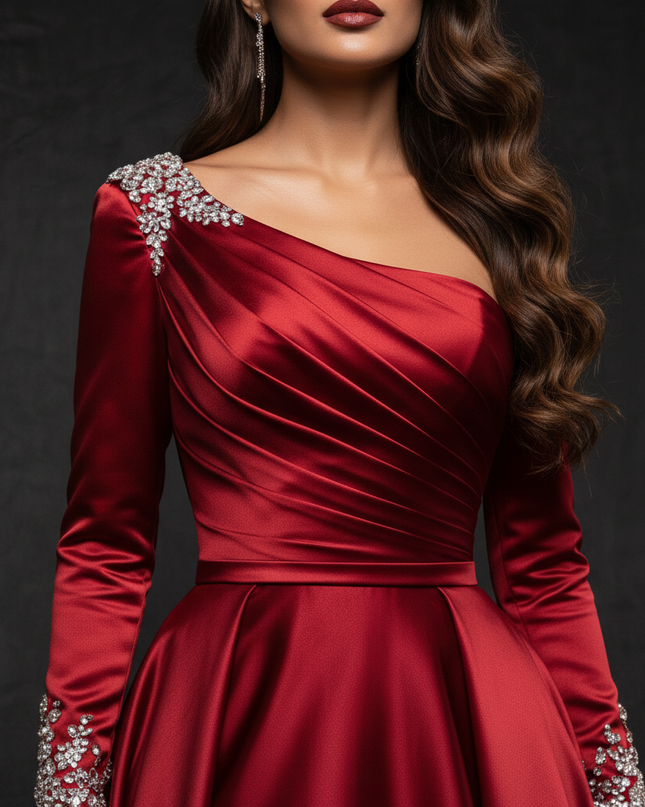 Satin Kleid Red - Satin Abendkleid Ball Bordeaux - Off-Shoulder Kristalle - Ansicht 4