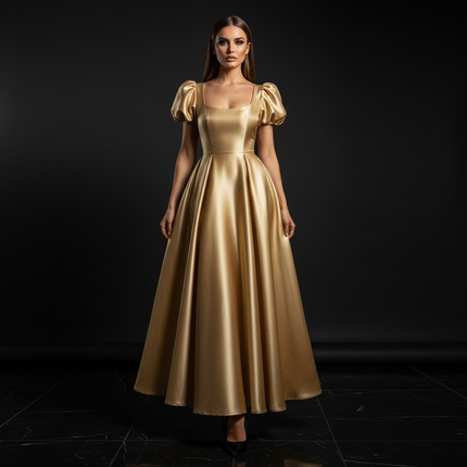 Satin Kleid - Satin Abendkleid Beige - A-Linie mit Puffarmeln - Ansicht 1