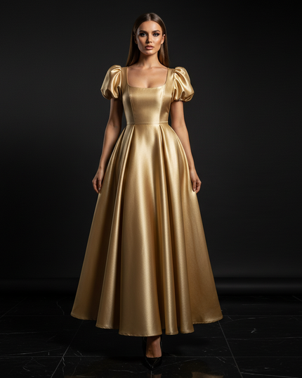 Satin Kleid - Satin Abendkleid Beige - A-Linie mit Puffarmeln - Ansicht 1