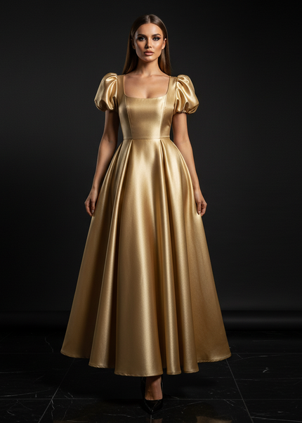 Satin Kleid - Satin Abendkleid Beige - A-Linie mit Puffarmeln - Ansicht 1