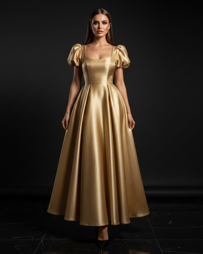 Satin Kleid - Satin Abendkleid Beige - A-Linie mit Puffarmeln - Ansicht 1