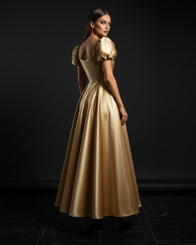 Satin Kleid - Satin Abendkleid Beige - A-Linie mit Puffarmeln - Ansicht 2