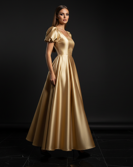 Satin Kleid - Satin Abendkleid Beige - A-Linie mit Puffarmeln - Ansicht 3