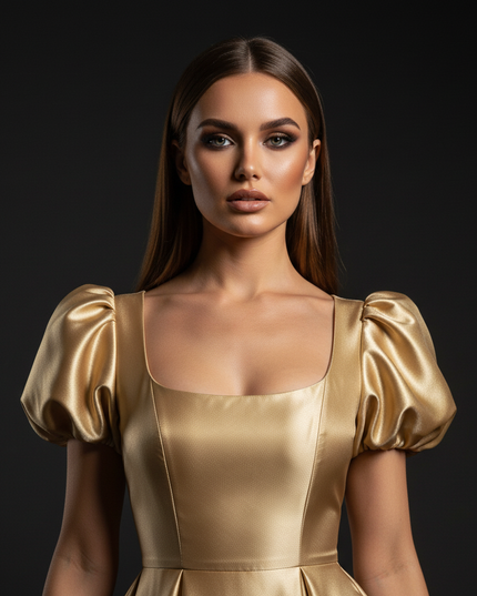 Satin Kleid - Satin Abendkleid Beige - A-Linie mit Puffarmeln - Ansicht 4