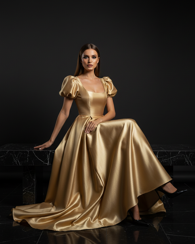 Satin Kleid - Satin Abendkleid Beige - A-Linie mit Puffarmeln - Ansicht 5