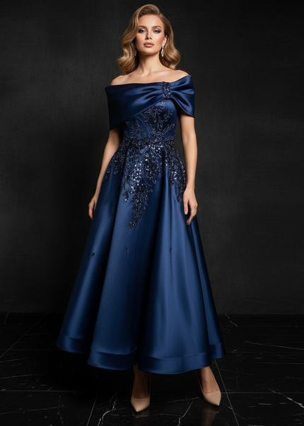 Satin Kleid Blue - Satin Abendkleid Blumenapplikation Marine - Off-Shoulder - Ansicht 1