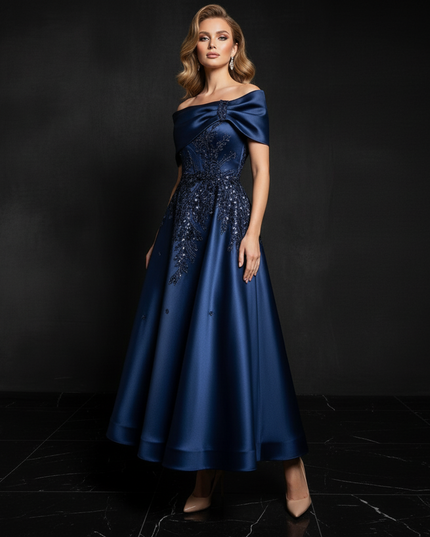 Satin Kleid Blue - Satin Abendkleid Blumenapplikation Marine - Off-Shoulder - Ansicht 3