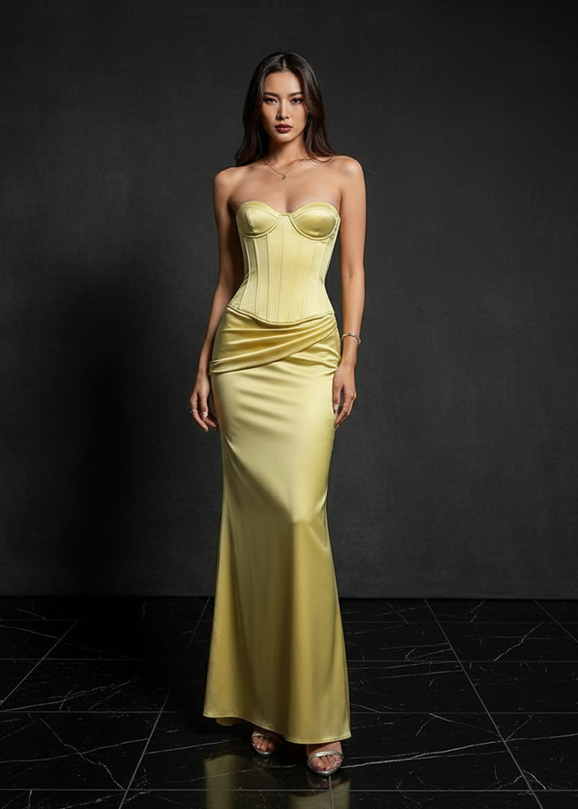 Satin Kleid Yellow - Bodycon Abendkleid Gelb Traegerlos Corsage Satin - Ansicht 1