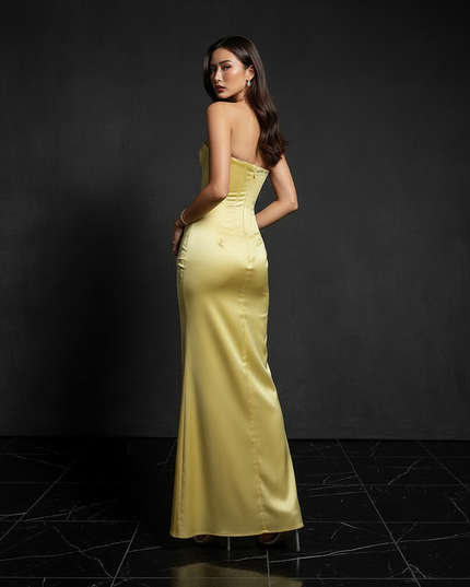 Satin Kleid Yellow - Bodycon Abendkleid Gelb Traegerlos Corsage Satin - Ansicht 2