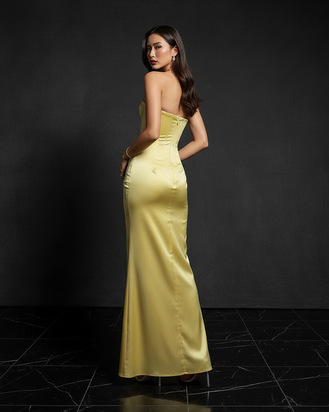 Satin Kleid Yellow - Bodycon Abendkleid Gelb Traegerlos Corsage Satin - Ansicht 2