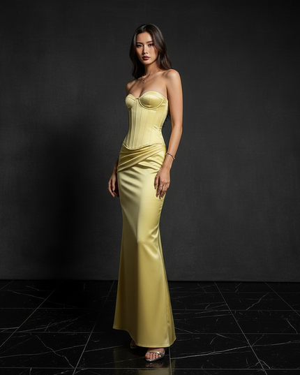 Satin Kleid Yellow - Bodycon Abendkleid Gelb Traegerlos Corsage Satin - Ansicht 3