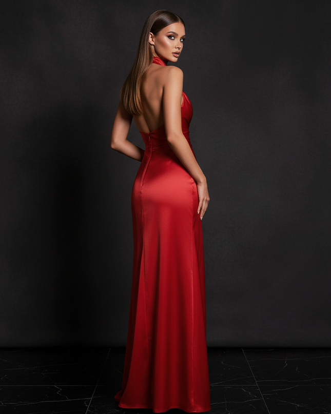 Satin Kleid - Satin Abendkleid Bordeaux - Langes Halterkleid - Ansicht 2