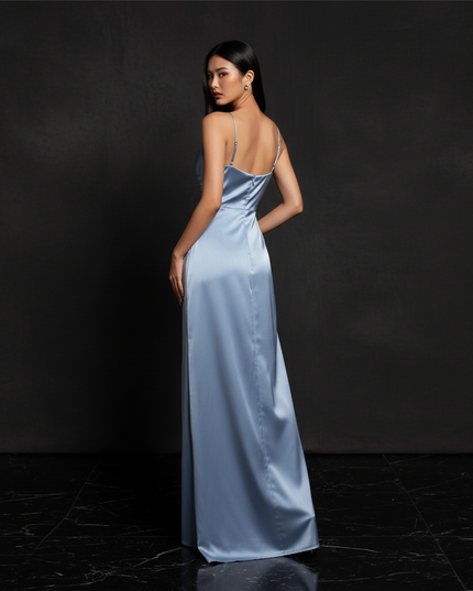 Satin Kleid - Satin Abendkleid Corsage Blau - Traegerlos lang - Ansicht 2