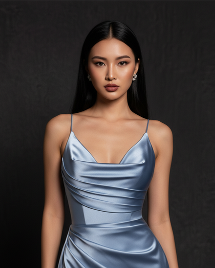 Satin Kleid - Satin Abendkleid Corsage Blau - Traegerlos lang - Ansicht 4