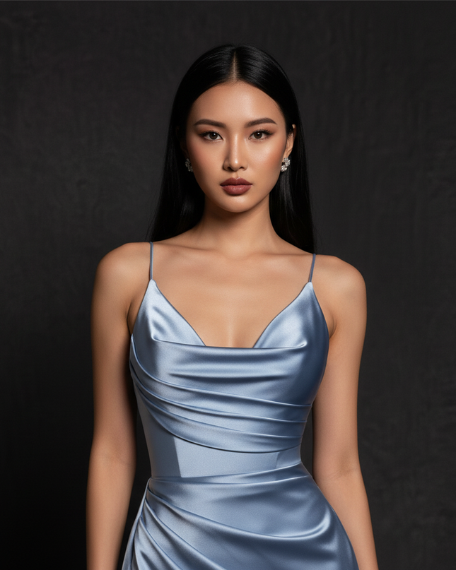 Satin Kleid - Satin Abendkleid Corsage Blau - Traegerlos lang - Ansicht 4