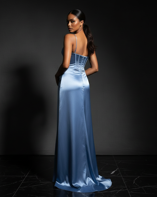 Satin Kleid - Satin Abendkleid Corsage Lang Blau - Spaghetti Schlitz - Ansicht 2