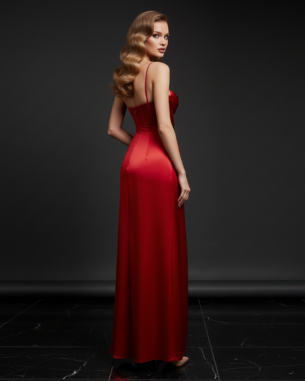 Satin Kleid - Satin Abendkleid Corsage Lang Rot - Spaghetti Schlitz - Ansicht 2