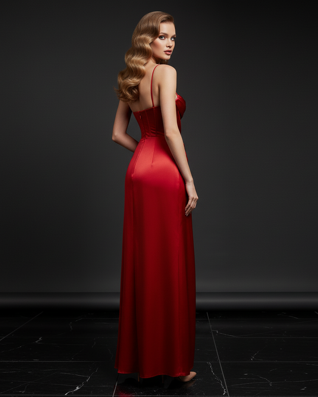 Satin Kleid - Satin Abendkleid Corsage Lang Rot - Spaghetti Schlitz - Ansicht 2