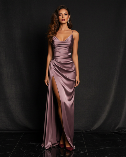 Satin Kleid - Satin Abendkleid Corsage Rosa - Traegerlos lang - Ansicht 1