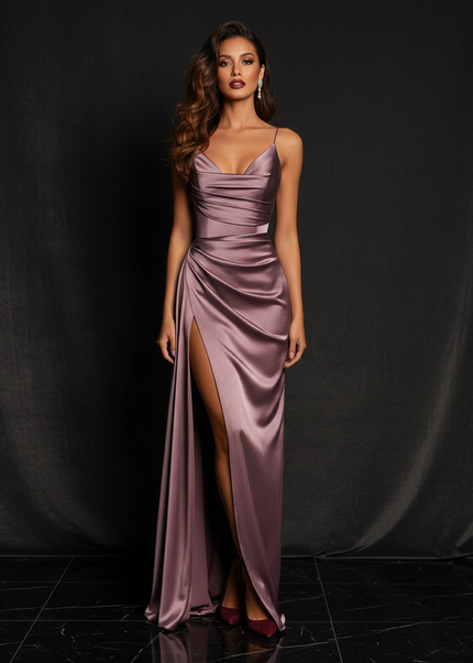 Satin Kleid - Satin Abendkleid Corsage Rosa - Traegerlos lang - Ansicht 1