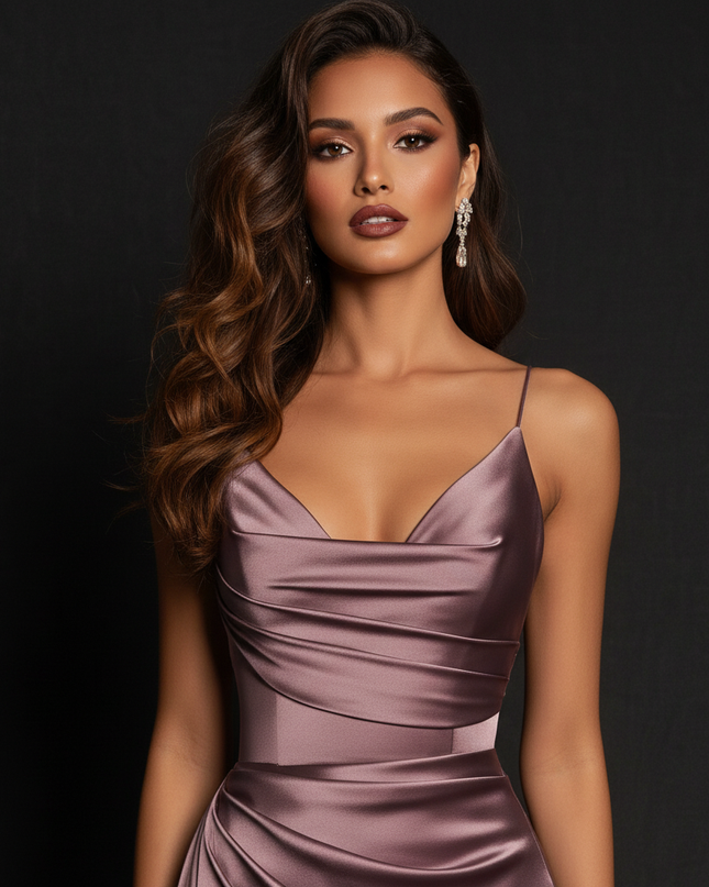Satin Kleid - Satin Abendkleid Corsage Rosa - Traegerlos lang - Ansicht 4