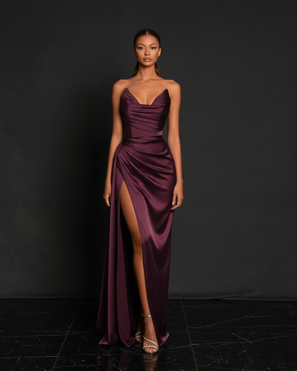Satin Kleid - Satin Abendkleid Corsage Rot - Burgund Traegerlos - Ansicht 1