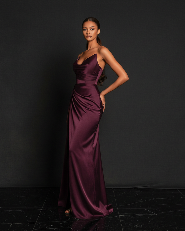 Satin Kleid - Satin Abendkleid Corsage Rot - Burgund Traegerlos - Ansicht 3
