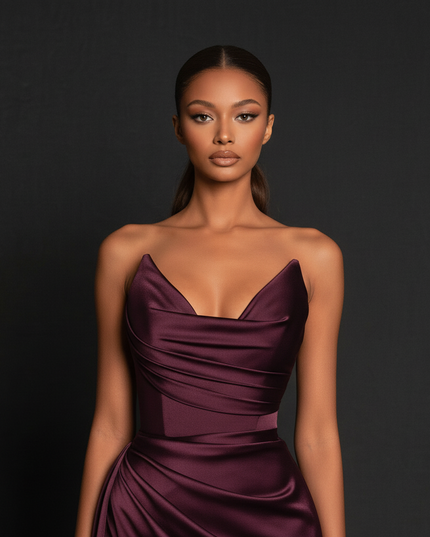 Satin Kleid - Satin Abendkleid Corsage Rot - Burgund Traegerlos - Ansicht 4