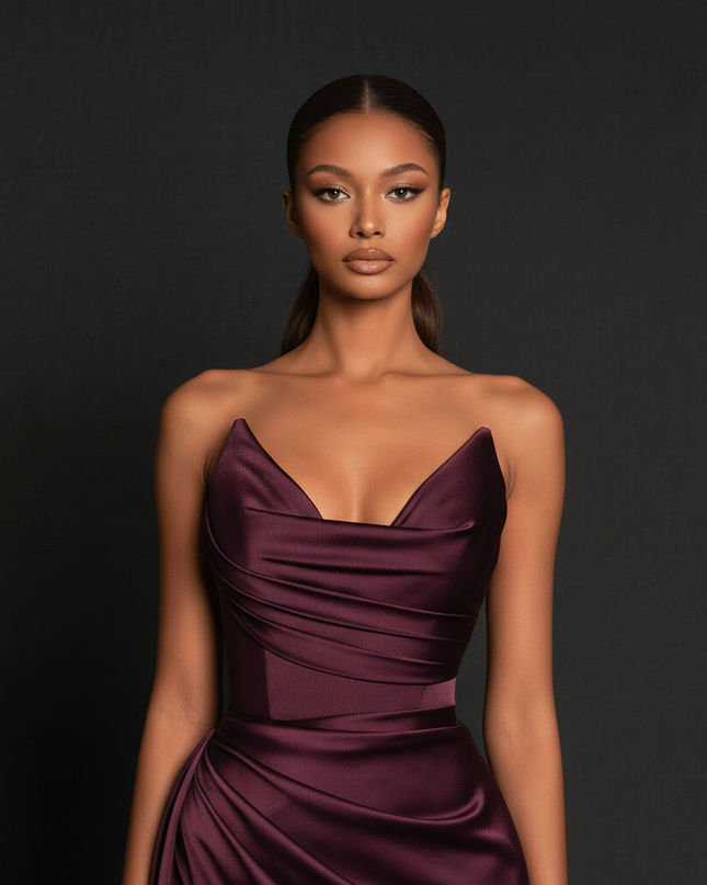 Satin Kleid - Satin Abendkleid Corsage Rot - Burgund Traegerlos - Ansicht 4