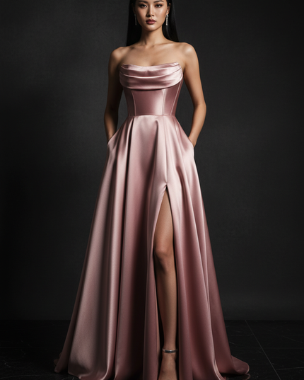 Satin Kleid - Satin Abendkleid Corsage Dusty Rose - A-Linie Lang - Ansicht 1