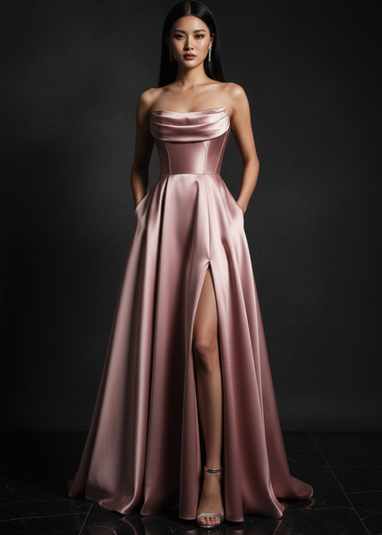 Satin Kleid - Satin Abendkleid Corsage Dusty Rose - A-Linie Lang - Ansicht 1