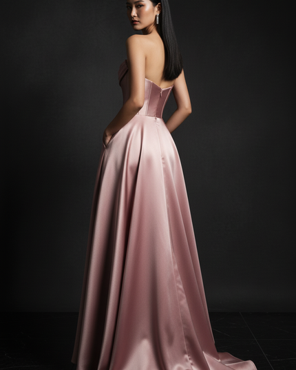 Satin Kleid - Satin Abendkleid Corsage Dusty Rose - A-Linie Lang - Ansicht 2