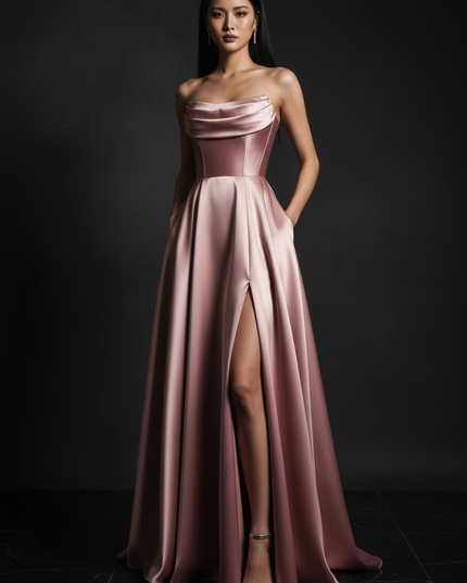 Satin Kleid - Satin Abendkleid Corsage Dusty Rose - A-Linie Lang - Ansicht 3