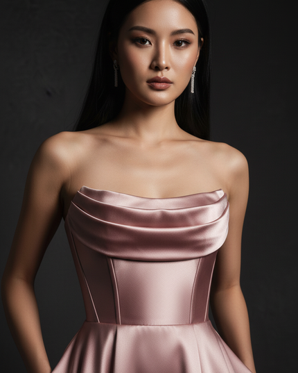Satin Kleid - Satin Abendkleid Corsage Dusty Rose - A-Linie Lang - Ansicht 4