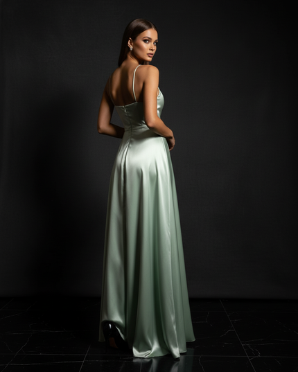Satin Kleid - Satin Abendkleid Creme - Cowl Neck bodenlang lang - Ansicht 2