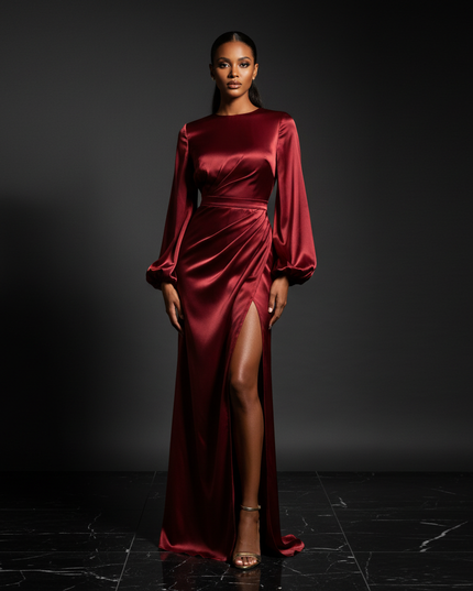 Satin Kleid - Satin Abendkleid Drapiert - Vintage Maxi Kleid - Ansicht 1