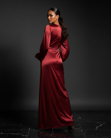 Satin Kleid - Satin Abendkleid Drapiert - Vintage Maxi Kleid - Ansicht 2