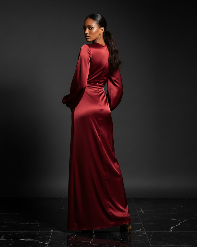 Satin Kleid - Satin Abendkleid Drapiert - Vintage Maxi Kleid - Ansicht 2