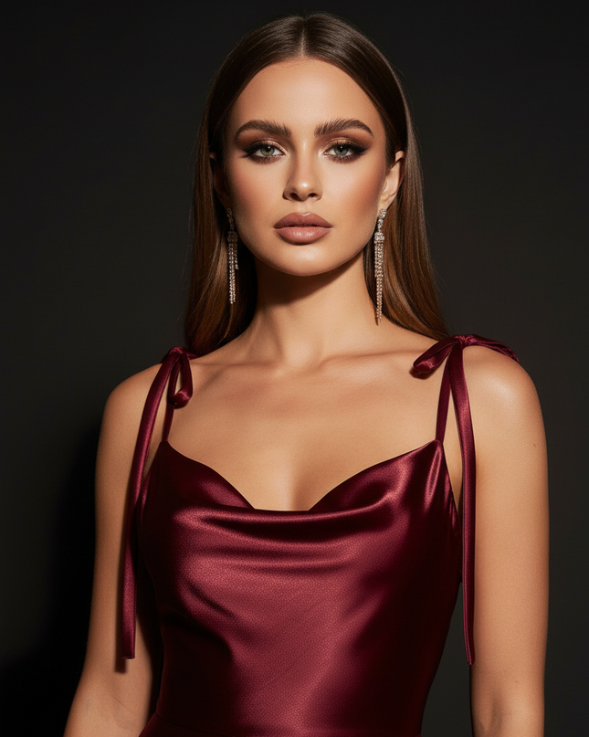 Satin Kleid - Satin Abendkleid Dunkelblau - Cowl Neck lang - Ansicht 4
