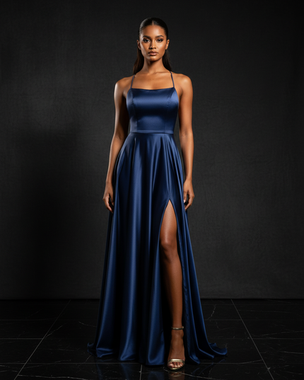 Satin Kleid - Satin Abendkleid Eisblau - Cowl Neck lang elegant - Ansicht 1