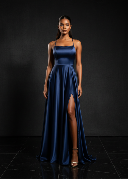 Satin Kleid - Satin Abendkleid Eisblau - Cowl Neck lang elegant - Ansicht 1