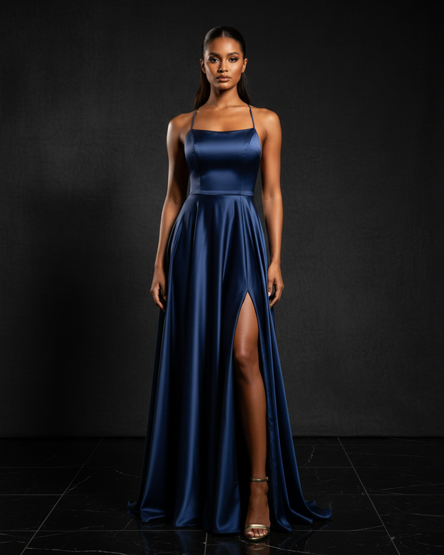 Satin Kleid - Satin Abendkleid Eisblau - Cowl Neck lang elegant - Ansicht 1