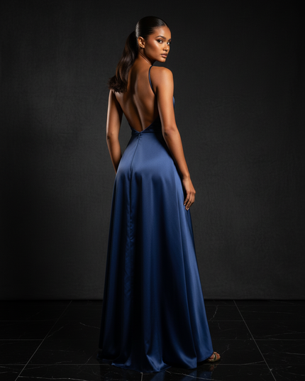 Satin Kleid - Satin Abendkleid Eisblau - Cowl Neck lang elegant - Ansicht 2