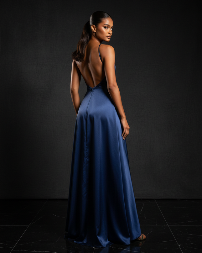 Satin Kleid - Satin Abendkleid Eisblau - Cowl Neck lang elegant - Ansicht 2