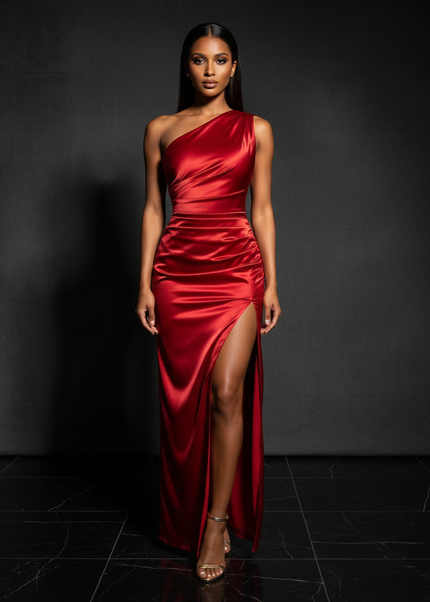 Satin Kleid - Satin Abendkleid Elegant Bordeaux - Plissee One-Shoulder - Ansicht 1