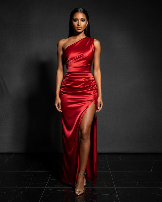 Satin Kleid - Satin Abendkleid Elegant Bordeaux - Plissee One-Shoulder - Ansicht 1