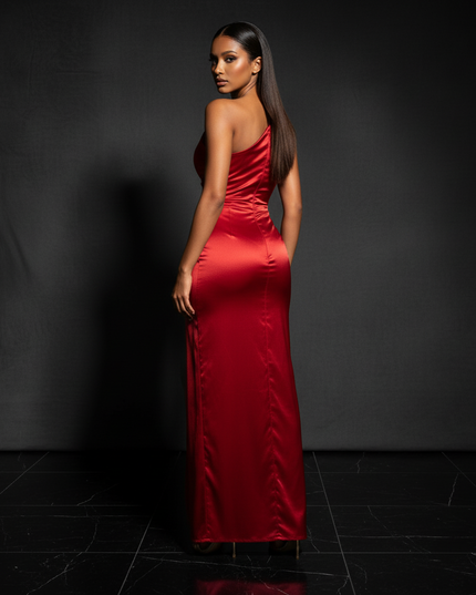 Satin Kleid - Satin Abendkleid Elegant Bordeaux - Plissee One-Shoulder - Ansicht 2