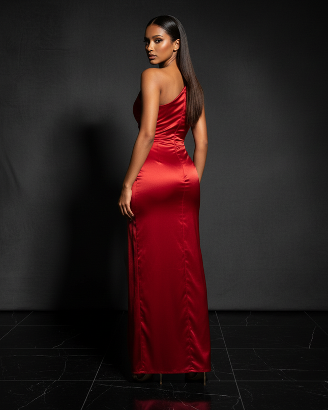 Satin Kleid - Satin Abendkleid Elegant Bordeaux - Plissee One-Shoulder - Ansicht 2