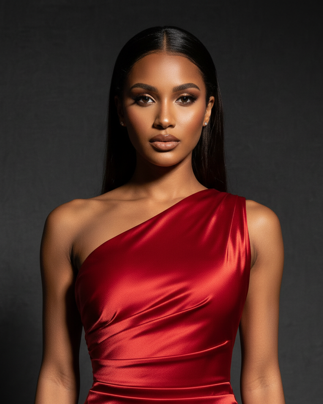 Satin Kleid - Satin Abendkleid Elegant Bordeaux - Plissee One-Shoulder - Ansicht 4